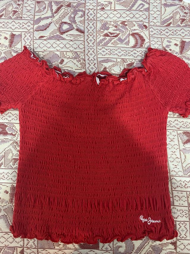 Top Pepe Jeans Rojo Fruncido Hombros Descubiertos