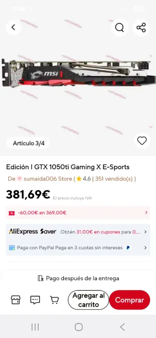 MSI GTX 1050ti Gaming X E-Sports Tarjeta Gráfica