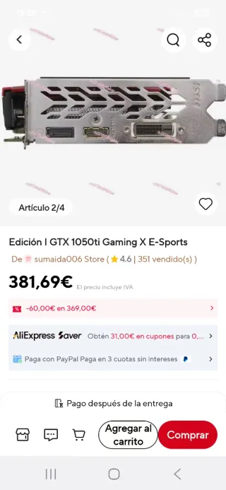 MSI GTX 1050ti Gaming X E-Sports Tarjeta Gráfica