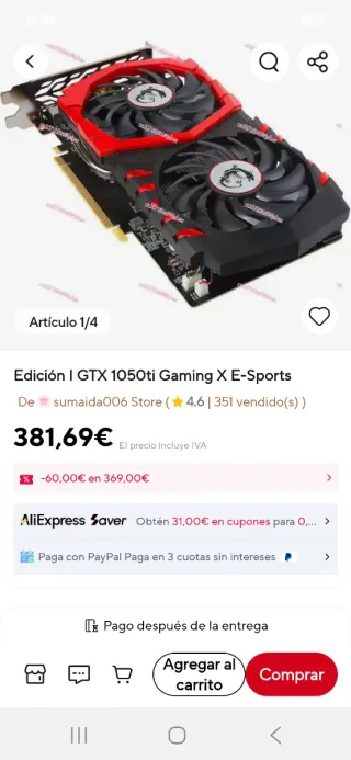 MSI GTX 1050ti Gaming X E-Sports Tarjeta Gráfica