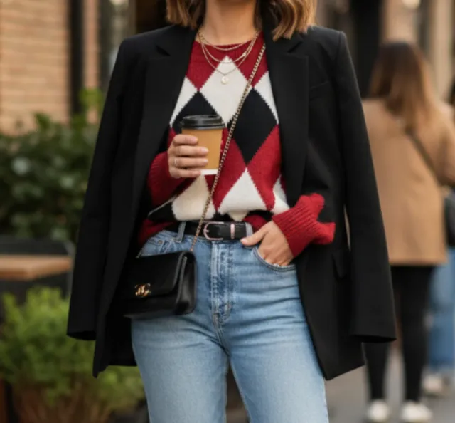 Maglione classico a rombi rossi e neri