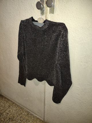 Zara Top Brillante Mujer Negro/Plata