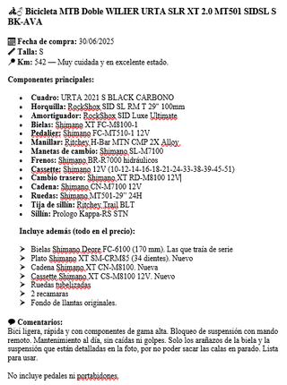 Bicicleta Doble Wilier Urta SLR XT 2.0