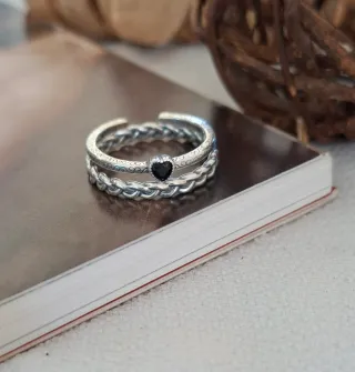 Conjunto Anillos Plata Ley Corazón Negro Ajustable
