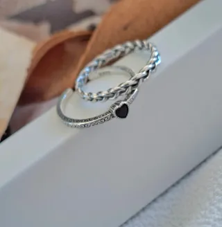 Conjunto Anillos Plata Ley Corazón Negro Ajustable