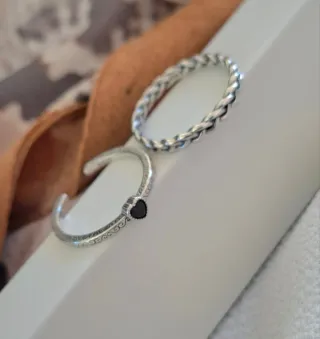 Conjunto Anillos Plata Ley Corazón Negro Ajustable