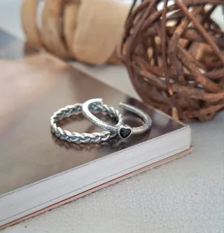 Conjunto Anillos Plata Ley Corazón Negro Ajustable