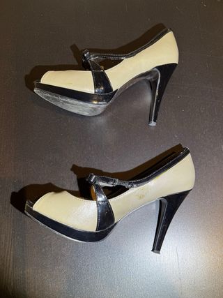 Zapatos tacón 11 cm, peep toe gris y negro