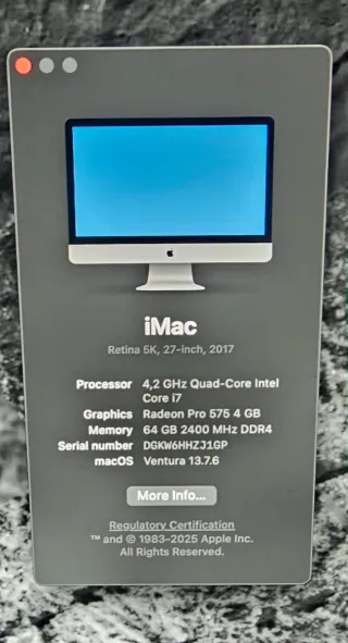 Imac i7 2TB 64GB RAM. 8GB video. Modelo late 2017.