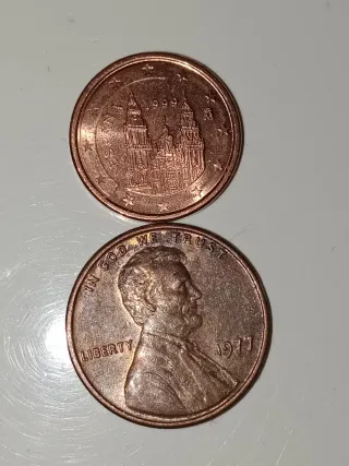 2 Monedas 1 Cent 1999 España S/C y 1 cent 1977 .