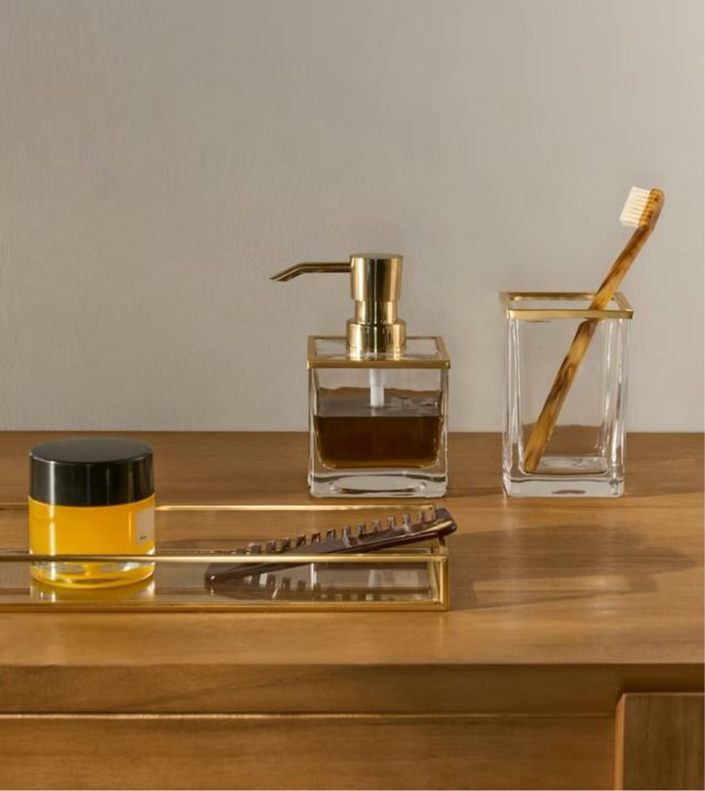 Dispensador Jabón Vidrio y Metal Dorado