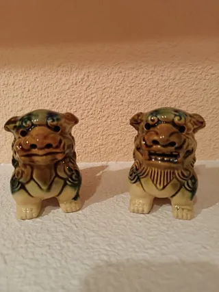 Coppia di Cani Cinesi in Ceramica Beige/Verde