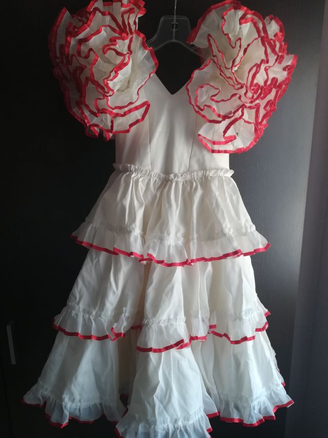 Traje Flamenca Niña Blanco con Volantes Rojos