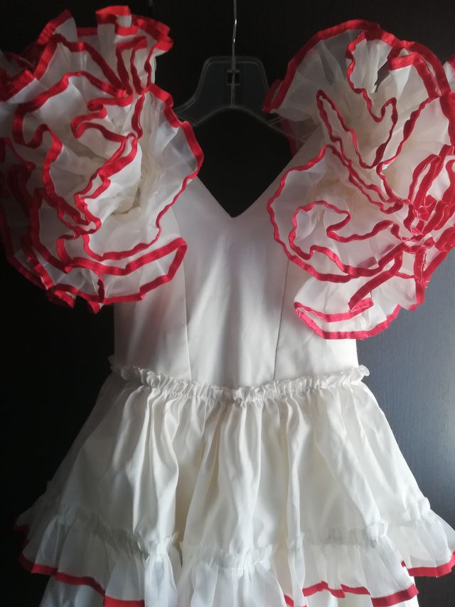 Traje Flamenca Niña Blanco con Volantes Rojos