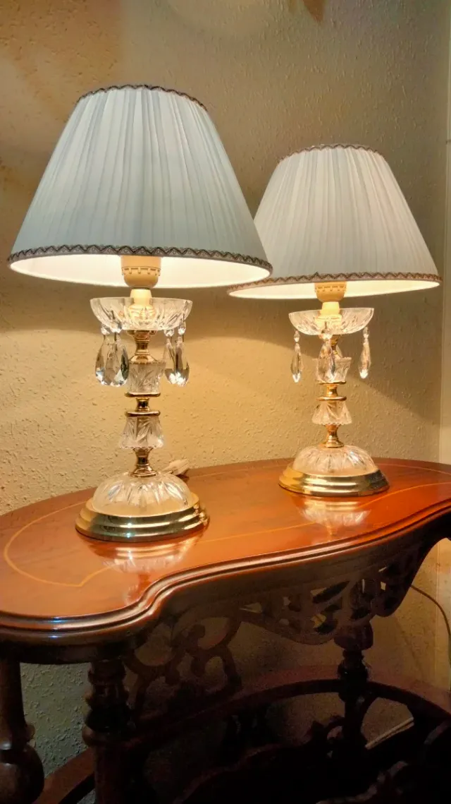 SPLENDIDA COPPIA DI LAMPADE ARANCIONE IN CRISTALLO BRONZATO