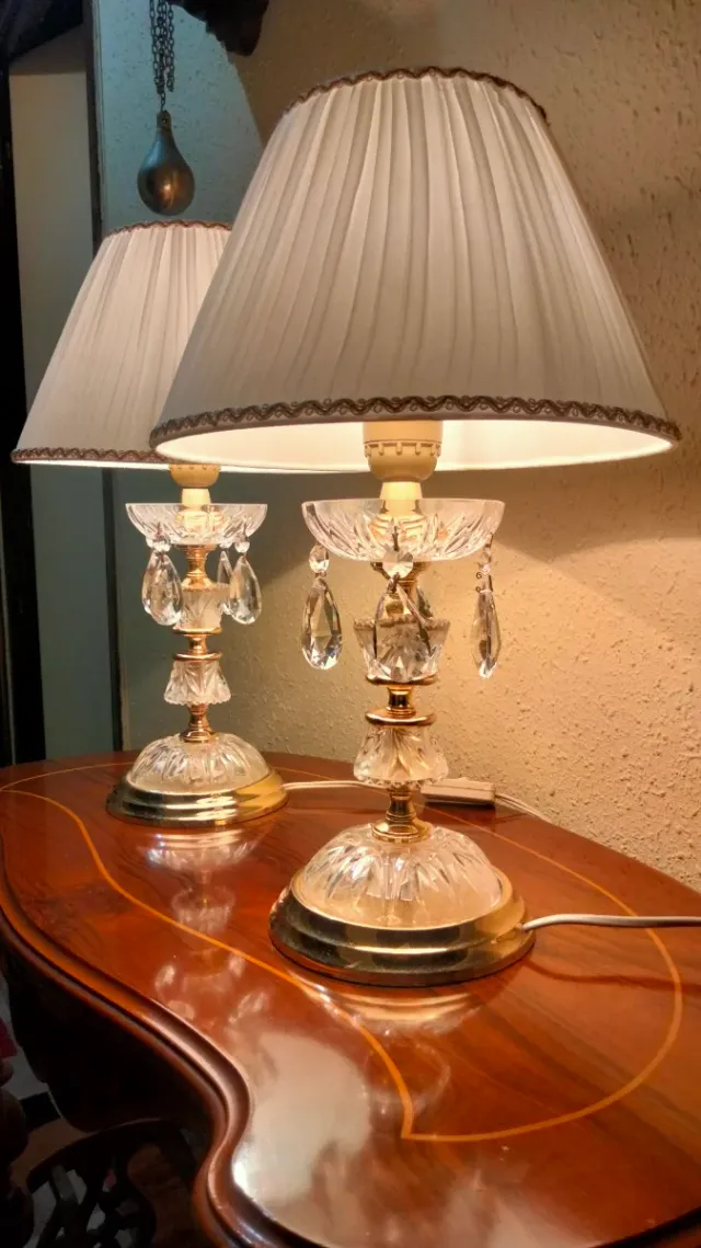 SPLENDIDA COPPIA DI LAMPADE ARANCIONE IN CRISTALLO BRONZATO