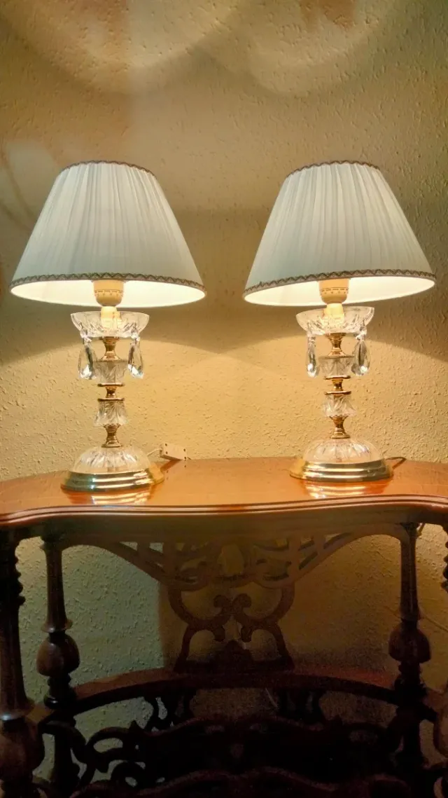 SPLENDIDA COPPIA DI LAMPADE ARANCIONE IN CRISTALLO BRONZATO