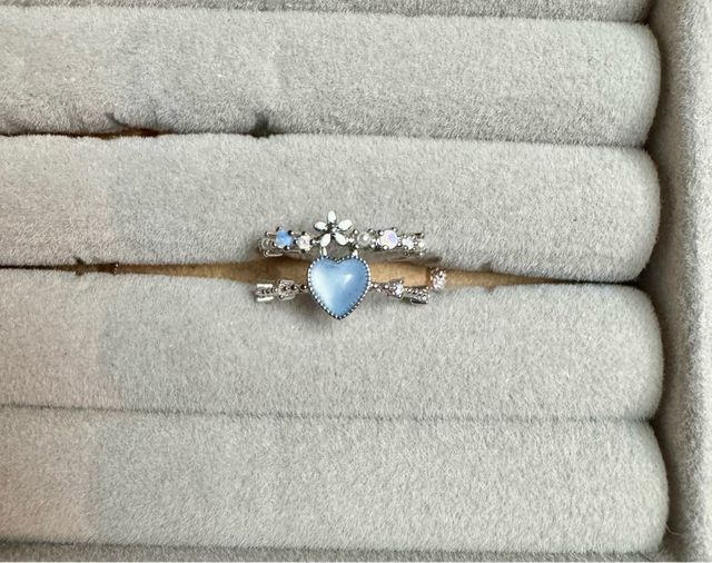 Anel Flor Coração Azul Prata