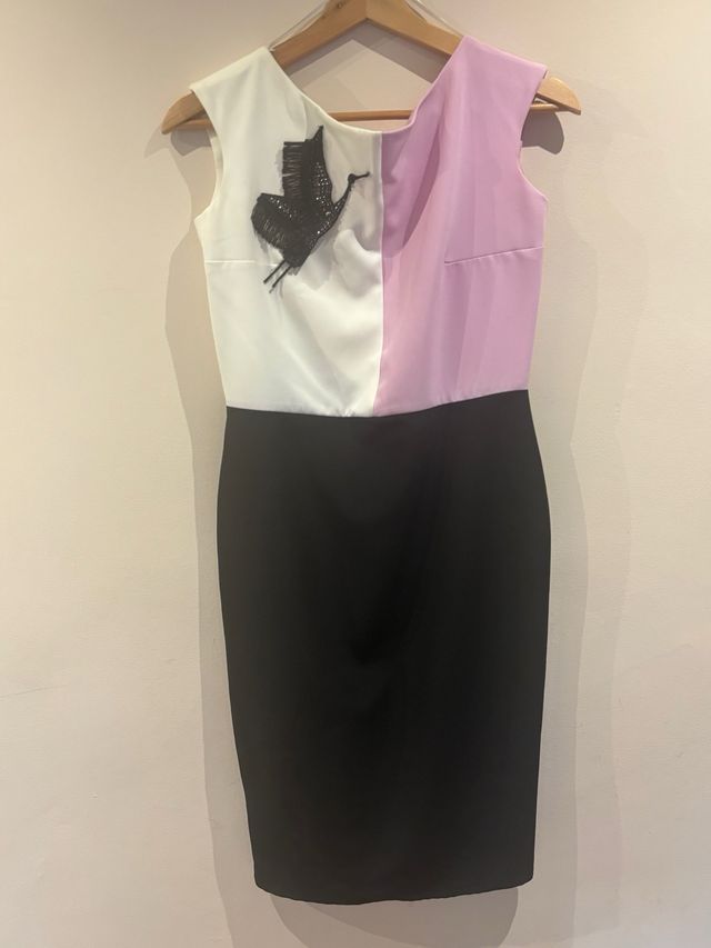 Vestido fiesta M blanco, lila y negro