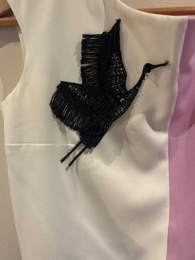 Vestido fiesta M blanco, lila y negro