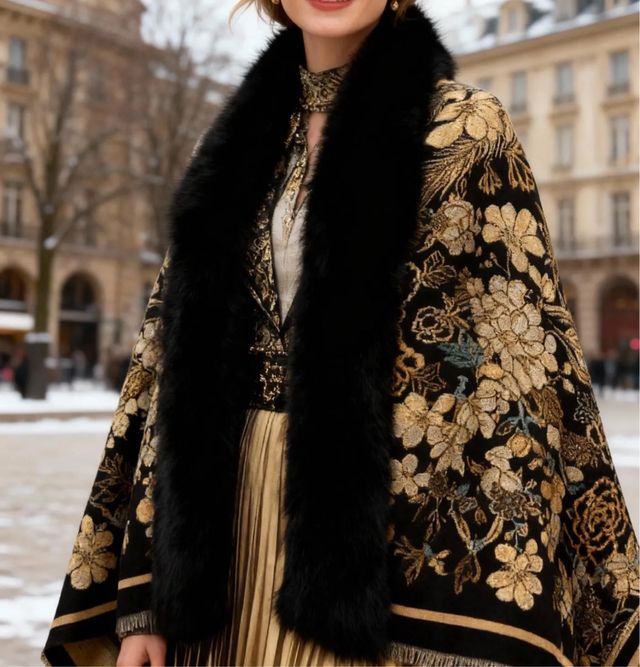 Poncho elegante negro y dorado