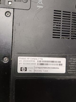 Portatil HP Core duo 2710P v7600, 3 g de ram, 120 gb de disco duro, windows 7