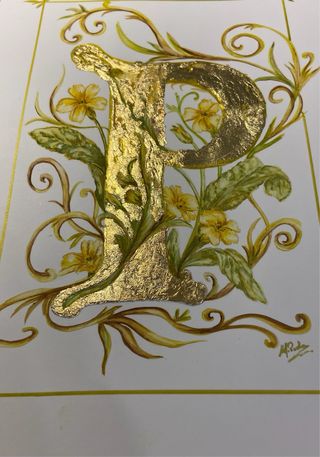 Dipinto iniziale P con decorazioni floreali oro
