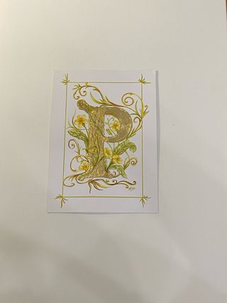 Dipinto iniziale P con decorazioni floreali oro