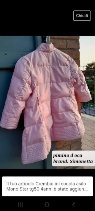 Piumino Simonetta rosa 3 anni cm 100