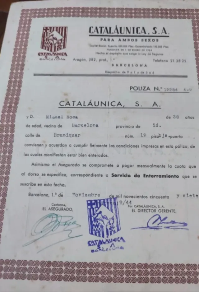 Seguros Cataláunica Años 40-50. Póliza y documenta