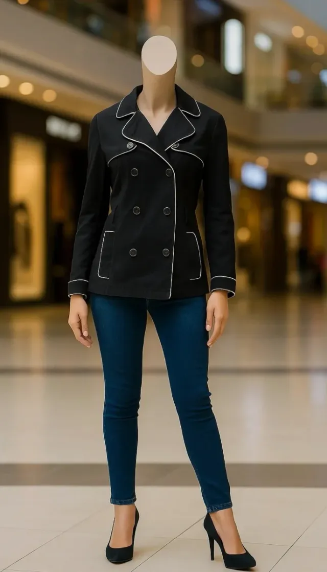 Gabardina negra con ribete blanco