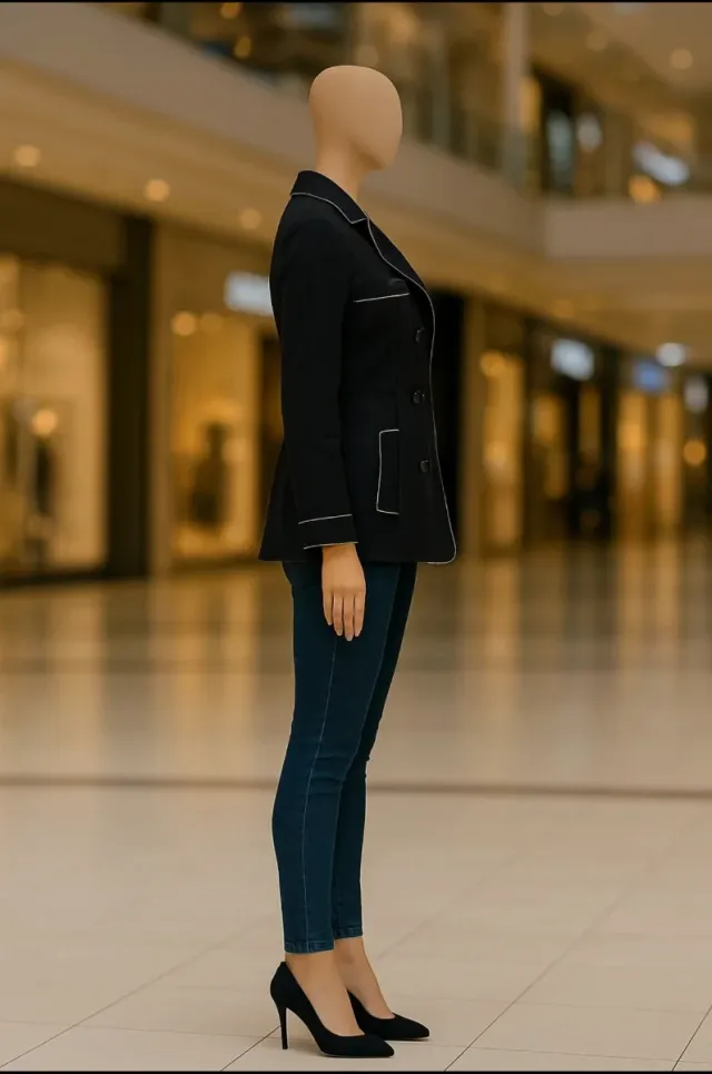 Gabardina negra con ribete blanco