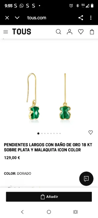 Pendientes Tous Largos Malaquita ,oro