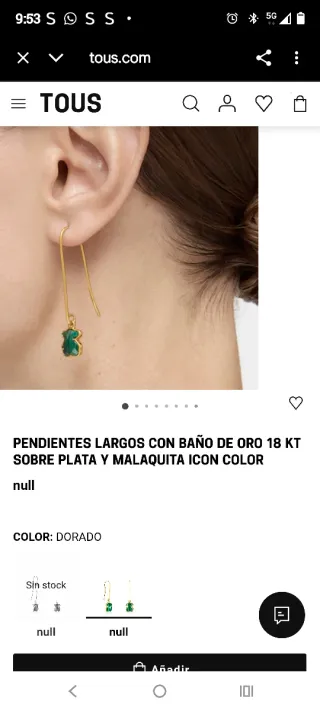 Pendientes Tous Largos Malaquita ,oro