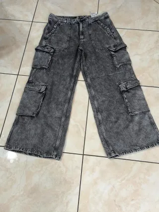 Jeans Cargo Donna Grigio Lavato