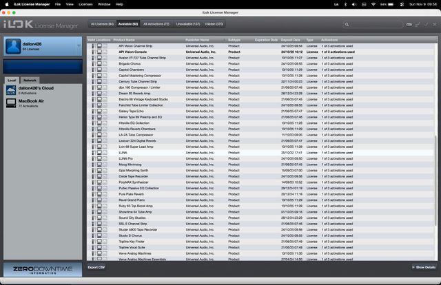 Cuenta iLok Universal Audio, Luna Pro, Sound toys,