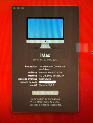 iMac 27’ pulgadas 5k Retina 2017 40gb RAM