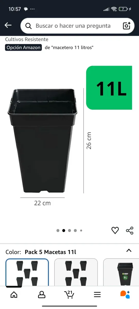 Pack 5 Maceteros 11L Plástico Negro