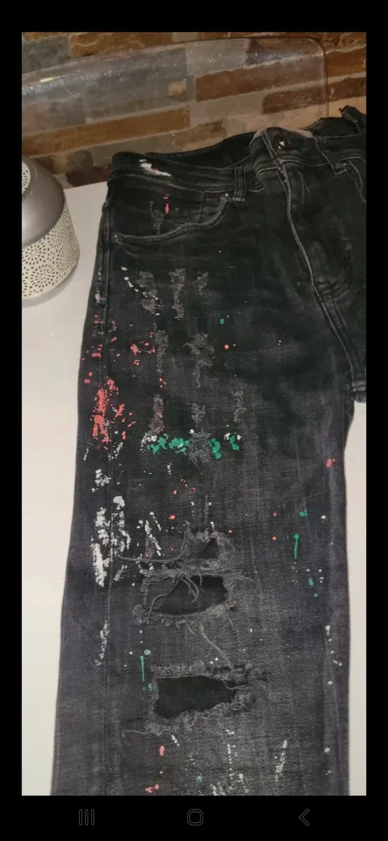 Pantalón Zara Hombre Negro Roto Multicolor