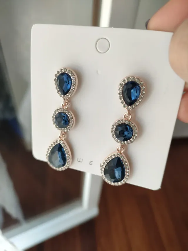 Pendientes largos fiesta cristales azules y brillo