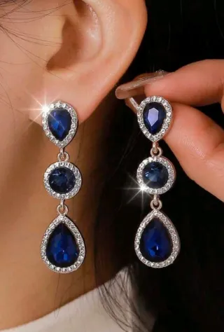 Pendientes largos fiesta cristales azules y brillo