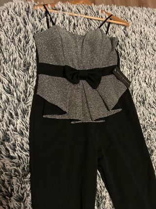 Macacão Festa com brilho Preto e Prata( M) 38