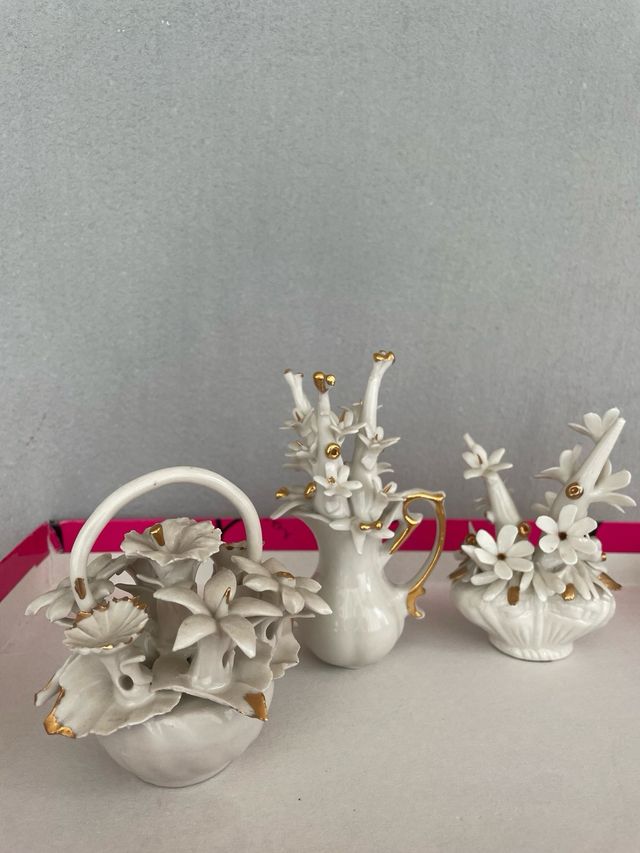 3 Cesti Fiori Capodimonte Ceramica Oro