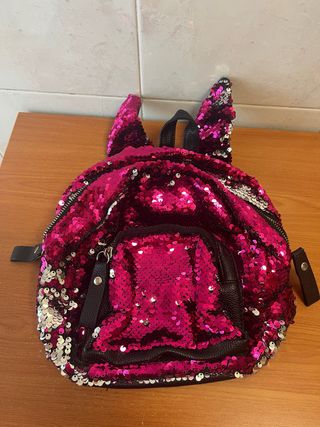 Mochila lentejuelas niña rosa y plata
