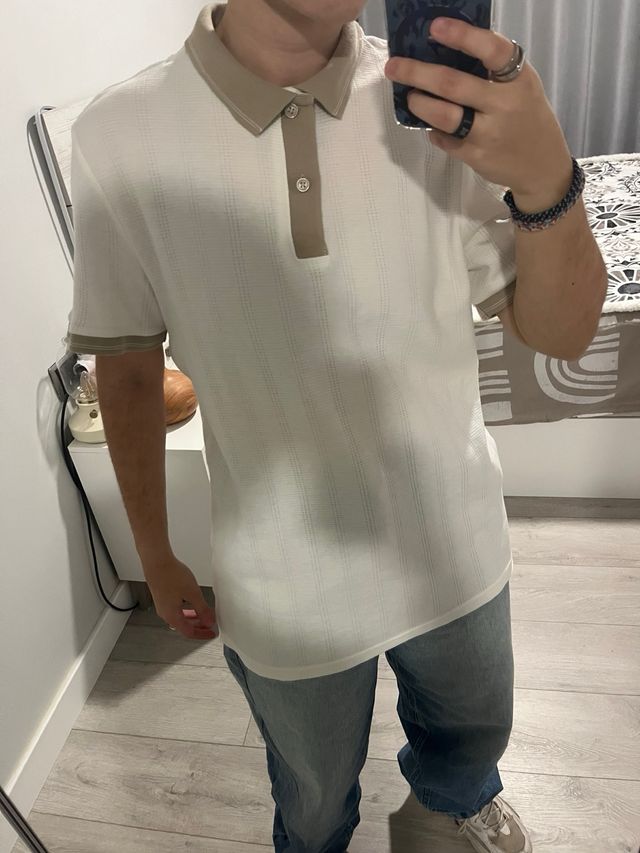 Camisa Polo Primark Blanca y Beige Talla XS