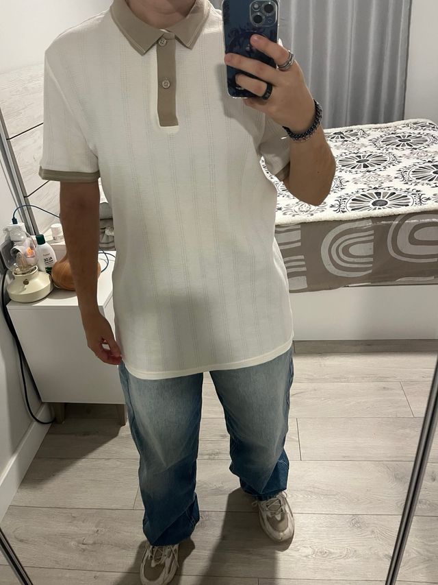 Camisa Polo Primark Blanca y Beige Talla XS