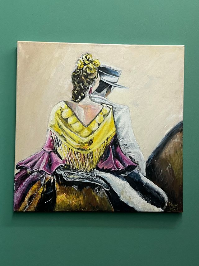 Óleo pareja a caballo sin marco