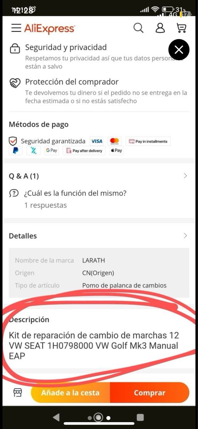 Kit reparación palanca cambios Golf