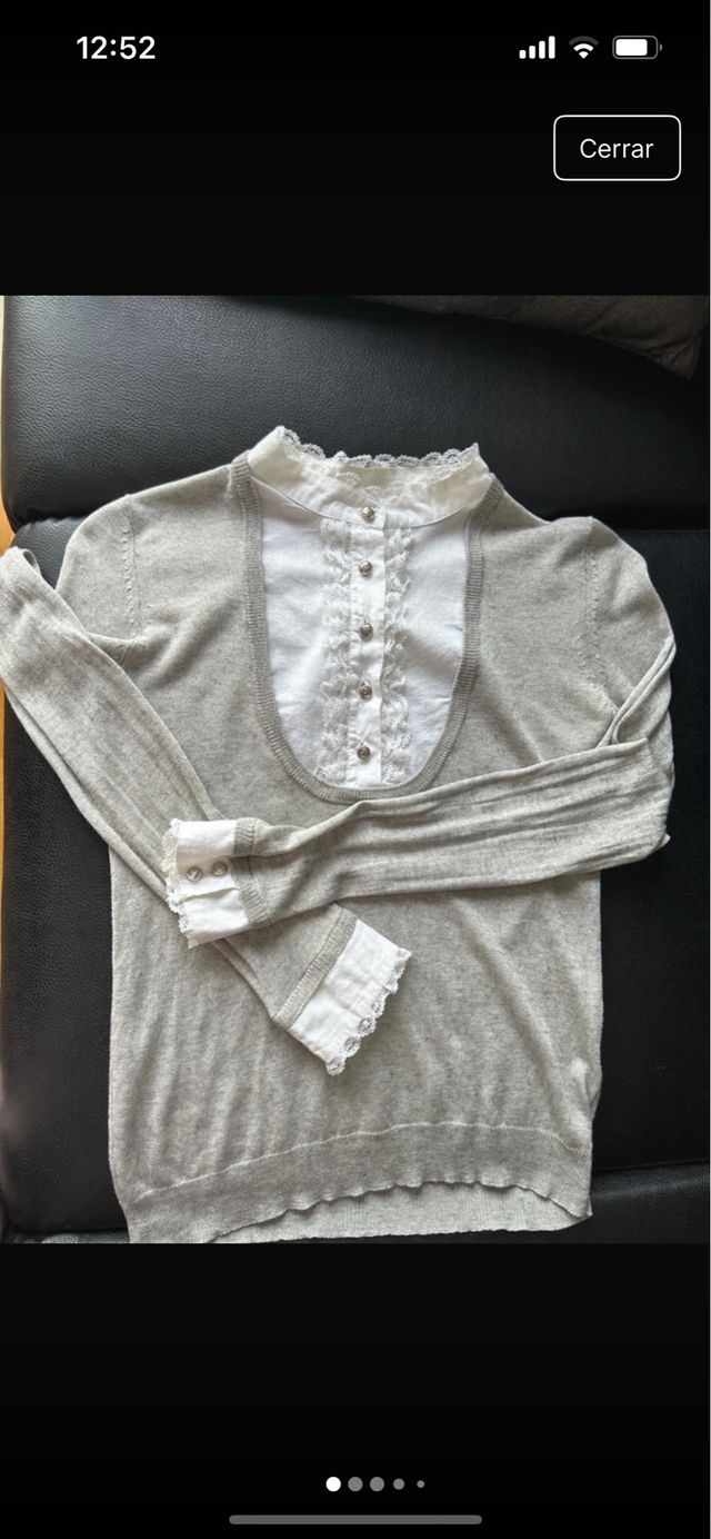 Jersey fino gris y blanco con encaje