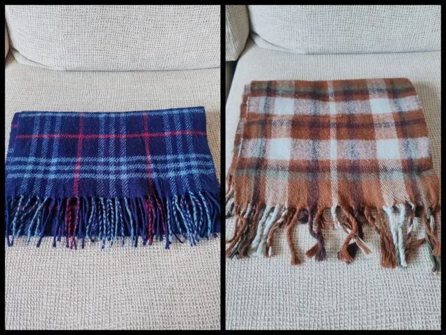 2 Bufandas de Lana Cuadros Azul y Marrón